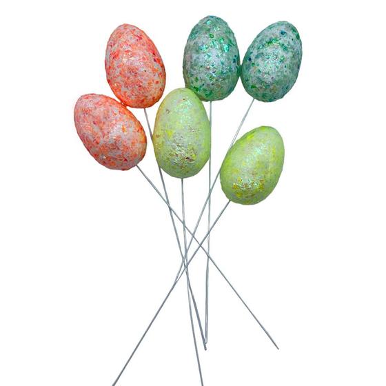 Imagem de Pick Decorativo Ovos com Glitter Laranja, Verde e Amarelo de Páscoa - 21cm  - 6 unidades - Rizzo