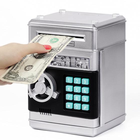 Imagem de Piggy Bank Refasy Kids Safe para meninas com senha ATM Silver