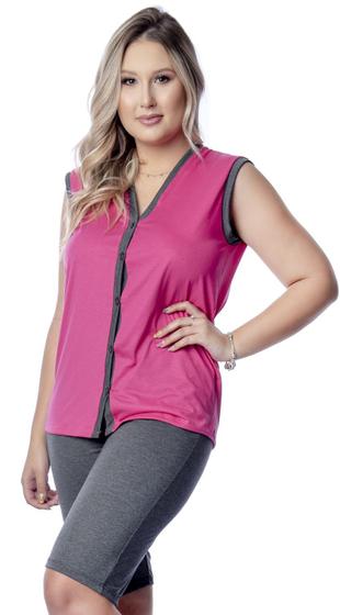 Imagem de Pijama Aberto Verão Malha PV Pijama Bermuda Blusa Botão - Rosa