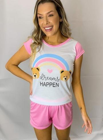 Imagem de Pijama Adulto Feminino de Manga Curta Baby Doll Roupa De Dormir Estampado Shorts Liso Poliéster