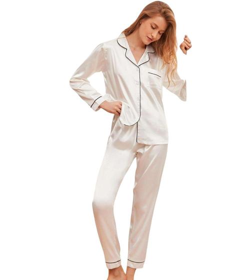 Imagem de Pijama Americano Feminino Cetim de Seda Calça e Manga Cumprida com bolso e botões - BraShoul Pijamas