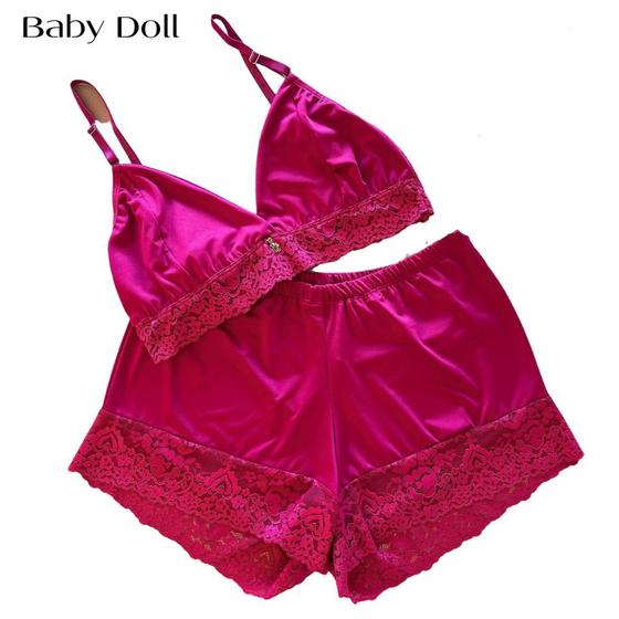 Imagem de Pijama Baby Doll Feminino Adulto Microfibra e Renda Sensual / Conjunto Short Dool/  Camisete Pijama Luxo sexy estilo