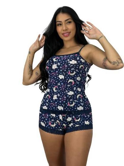 Imagem de Pijama Baby Doll Feminino Estampado de Liganete com Rendinha Malha Fria