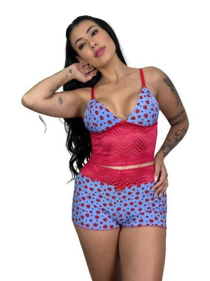 Imagem de Pijama Baby Doll Feminino Estampado de Malha Fria com Cropped de Renda