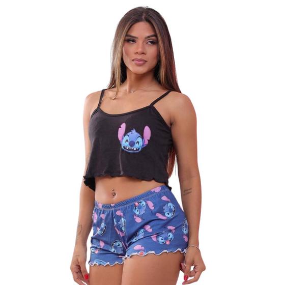 Imagem de Pijama Baby Doll Shorts Curto Cropped Ondinha Personagens Stitch Mickey Super Poderosas