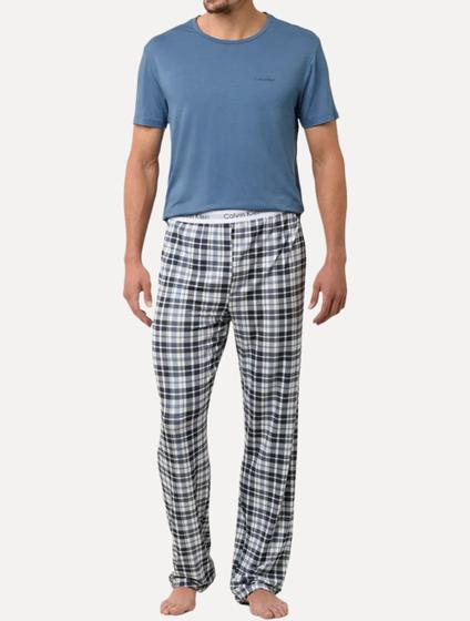 Imagem de Pijama Calvin Klein Masculino Manga Curta Visco Calça Xadrez Azul Médio