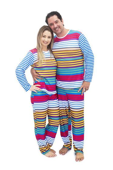 Imagem de Pijama Casal Longo Divertido Listras Coloridas