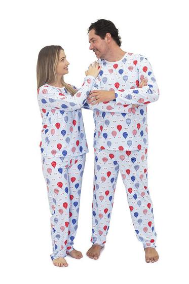 Imagem de Pijama Casal Longo Divertido Nuvens Balões