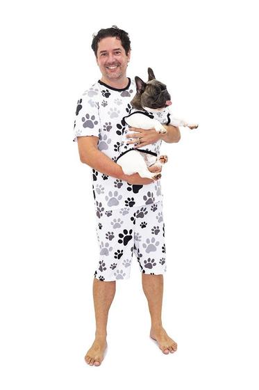 Imagem de Pijama Curto Masculino e Roupa Pet Divertido Patinhas Preto e Branco