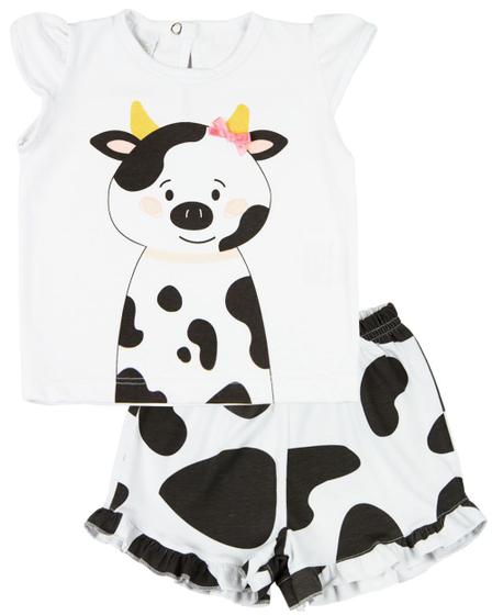 Imagem de Pijama Curto Menina Infantil 10 Meses a 4 Anos Cotton Fino Verão Manga Curta Bichinhos - Branco