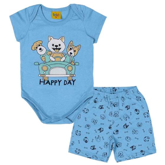 Imagem de Pijama Curto Rolú Com 02 Peças Estampa Happy Day 1/3 Azul e Cinza