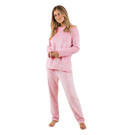 Imagem de Pijama de Frio em Fleece Plush Quentinho Adulto Feminino Manga Longa Calça Blusa G Rosa