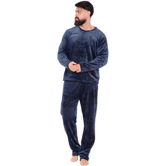 Imagem de Pijama de Frio em Fleece Plush Quentinho Adulto Masculino Manga Longa Calça Blusa PP Azul