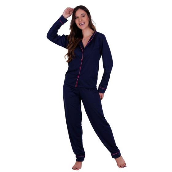 Imagem de Pijama de Inverno com Gola Americano com Botões para Amamentação Manga Longa e Calça Mayara