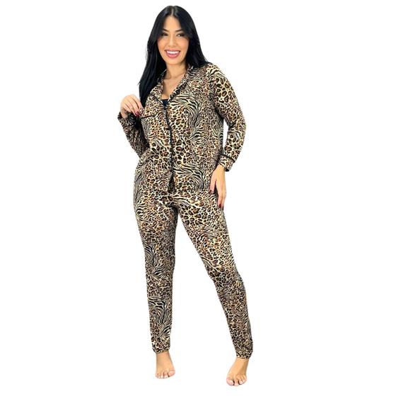 Imagem de Pijama Estampado Americano Botao Amamentação Blusa e Calça Comprida Manga Blogueira Feminino