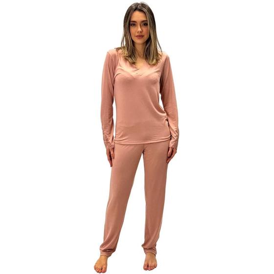 Imagem de Pijama Estilo Sul Manga Longa Gola V com Calça Feminino