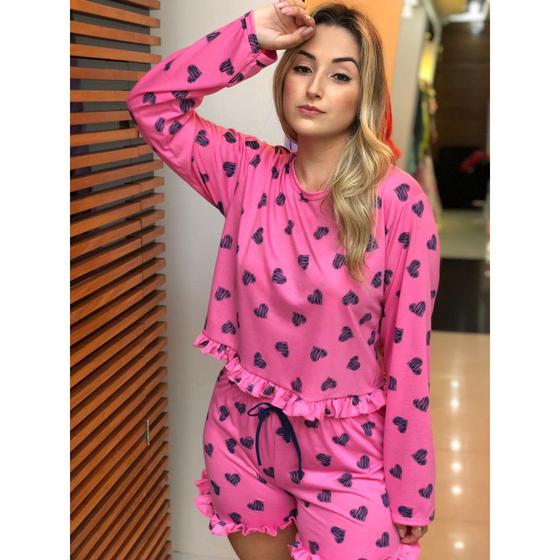 Imagem de Pijama Feminino blusa Manga Longa e short estampado Inverno