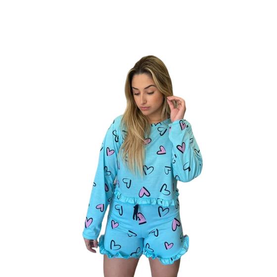 Imagem de Pijama Feminino blusa Manga Longa e short estampado Inverno