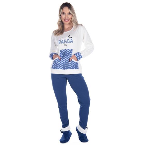 Imagem de Pijama Feminino Canelado Longo Fechado Com Bolso Canguru De Inverno Blusa Manga Longa E Calça