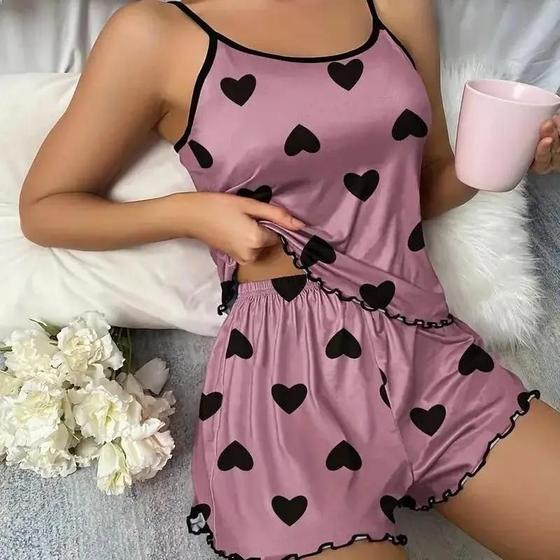 Imagem de Pijama Feminino Casual Verão - Conjunto de 2 Peças com Camiseta Sexy e Shorts