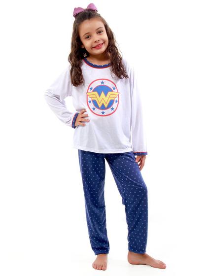 Imagem de Pijama Feminino Infantil Longo Mulher Maravilha Azul Manga Longa Fechado