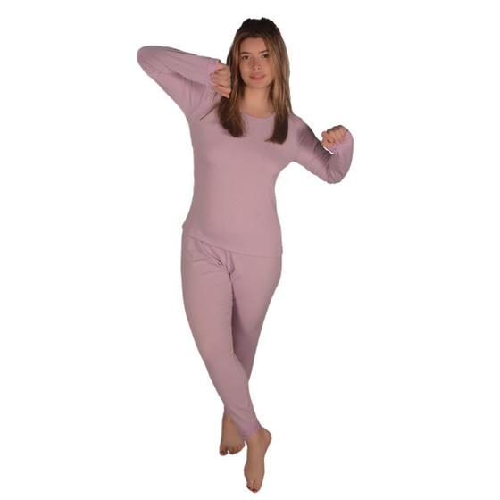 Imagem de Pijama Feminino Inverno Malha Suede Canelado Com Renda Manga Longa e Calça Confortável Para Frio Rendinha Rendado Longo