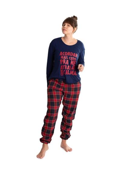 Imagem de Pijama Feminino Longo Blusa Malha Calça Xadrez Flanelada Estilo Jogger