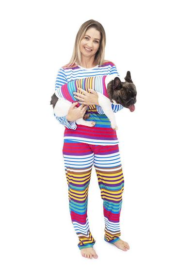 Imagem de Pijama Feminino Longo Divertido e Roupa Pet Listras Coloridas