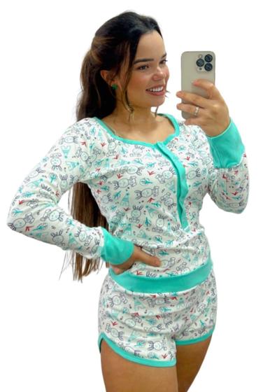 Imagem de Pijama Feminino Macaquinho Com Botões Manga Longa e Short