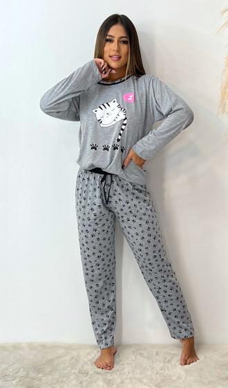 Imagem de Pijama feminino manga longa inverno adulto com cós grosso  de malha estampa gato p m g gg
