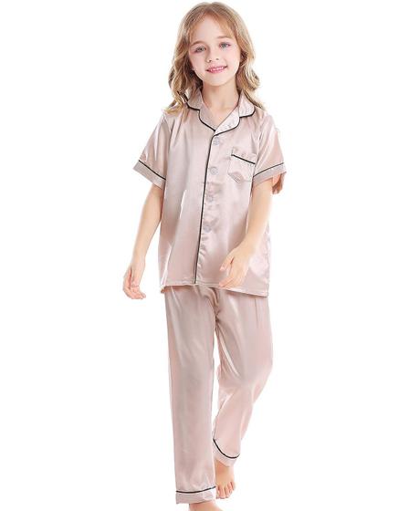 Imagem de Pijama Infantil Àtena Americano Cetim de Seda com Elastano Calça e Camisa Manga Curta botões e Bolso - Champanhe