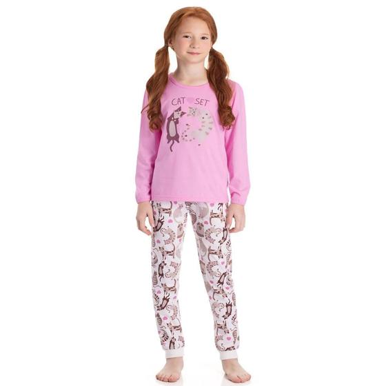 Imagem de Pijama Infantil Brilha No Escuro Cat Set Rosa Dadomile