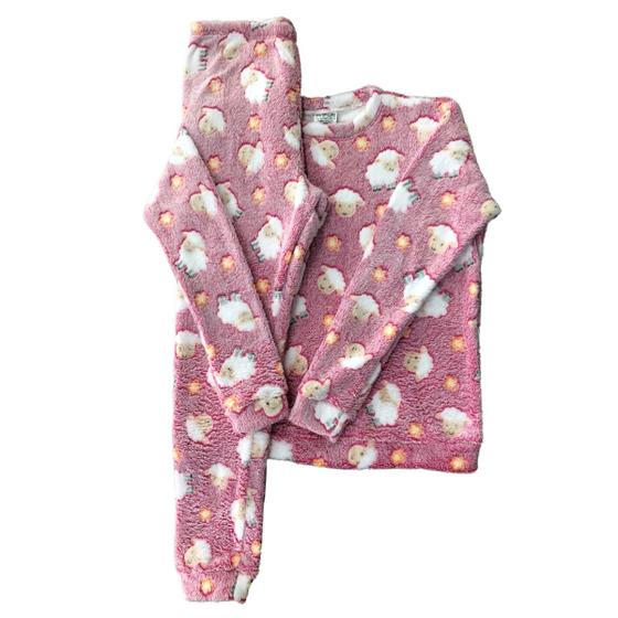 Imagem de Pijama Infantil Inverno Fleece Noite Quente Confortável Ovelha Rosa - Tam. 06