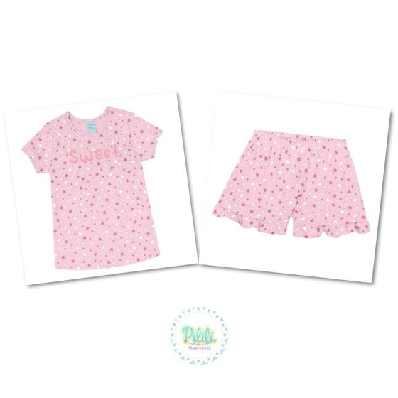 Imagem de Pijama  Infantil Kyly Blusa e Short em Algodão Estampado cor Rosa