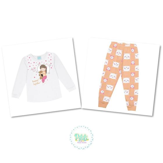 Imagem de Pijama Infantil Kyly Blusa Manga Longa e Calça em Algodão Branco/Laranja