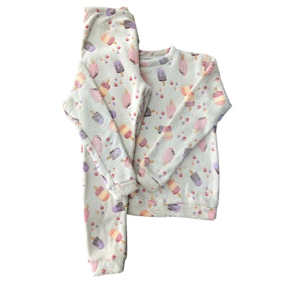 Imagem de Pijama Infantil Longo Roupa de Dormir Fleece Plush Soft Inverno Sorvete Amarelo - Tam. 04