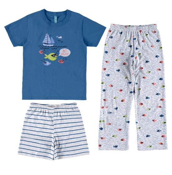 Imagem de Pijama Infantil Masculino Brilha no Escuro 3 Peças: Camiseta, Calça e Bermuda Malwee Kids