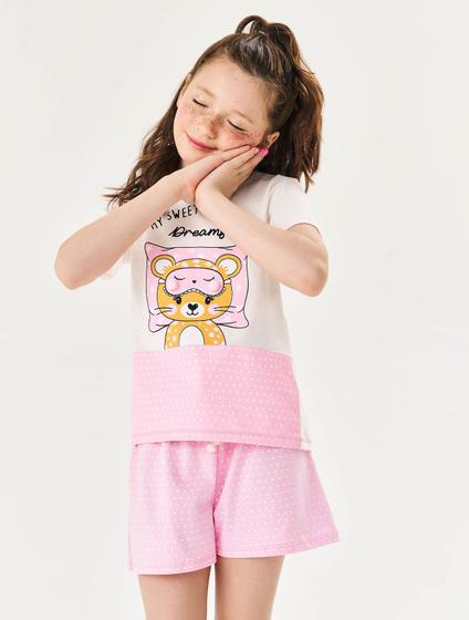 Imagem de Pijama Infantil Menina Blusa E Short Ursinho Poá Natural E Rosa Cinti