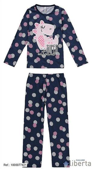 Imagem de Pijama infantil menina longo azul com bolinhas e dinossauro rosa - Malwee - 4 - Rosa