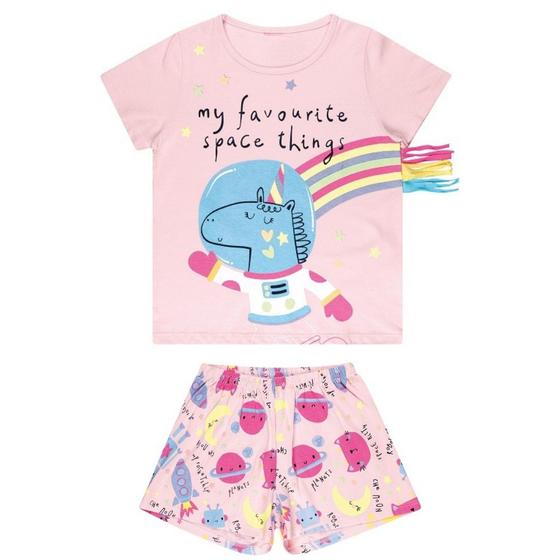 Imagem de Pijama Infantil Menina, Manga Curta, Com Detalhe que Brilha no Escuro e Estampa Interativa, Unicórnio e o Espaço, 2 peças  - Kamylus