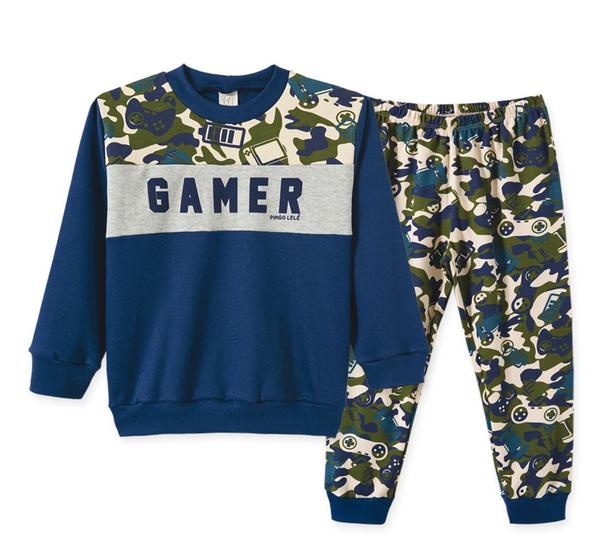 Imagem de Pijama Infantil Pingo Lelê Manga Longa em suedine Camuflado Game Marinho