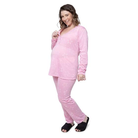 Imagem de Pijama Inverno Gestante Plus Size Rosa com Botões estrela Linda Gestante