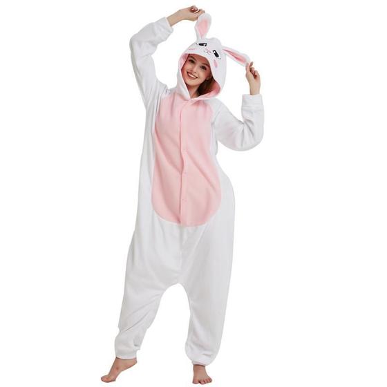 Imagem de Pijama Kigurumi Coelho Adulto Branco Com Rosa Macacão Cosplay Unissex