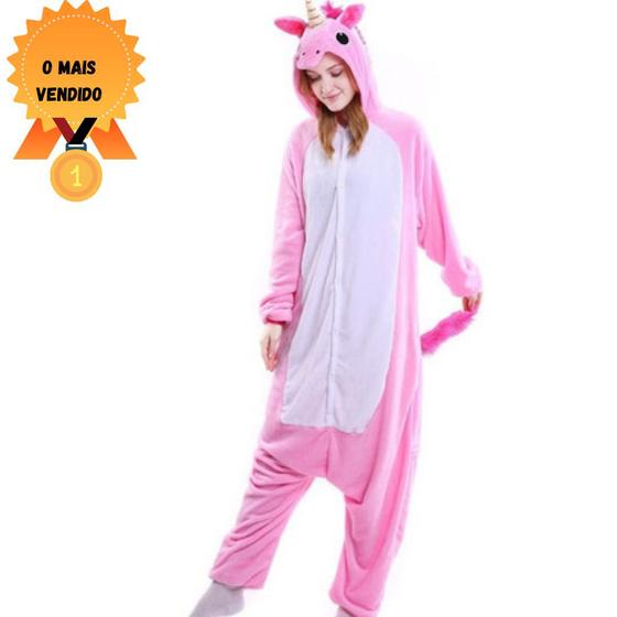 Imagem de Pijama Kigurumi Unicórnio Rosa Macacão Unissex com Capuz- Fantasy