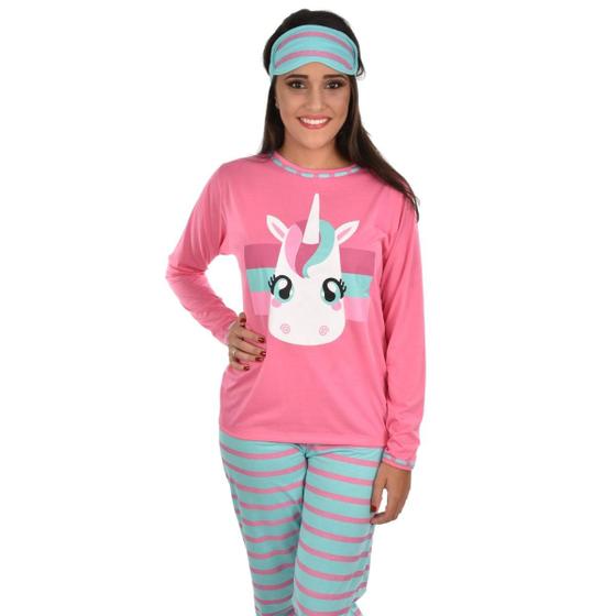 Imagem de Pijama Longo Fechado Feminino Adulto Máscara de Dormir