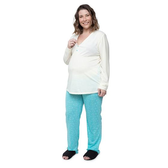 Imagem de Pijama Longo Plus Size Maternidade com Botões calça estampada Linda Gestante
