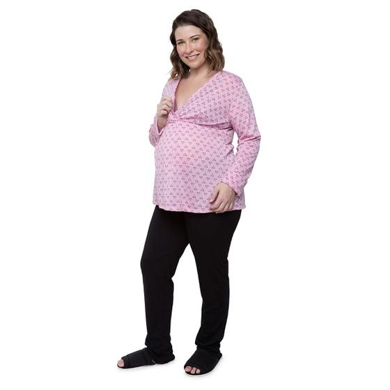 Imagem de Pijama Longo Plus Size Maternidade Rosa Coração Linda Gestante