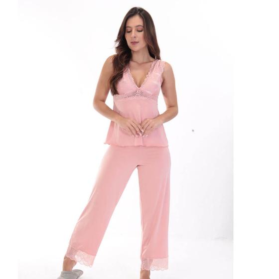 Imagem de Pijama Longo Rosa D'Rend 313 Microfibra - Com Renda