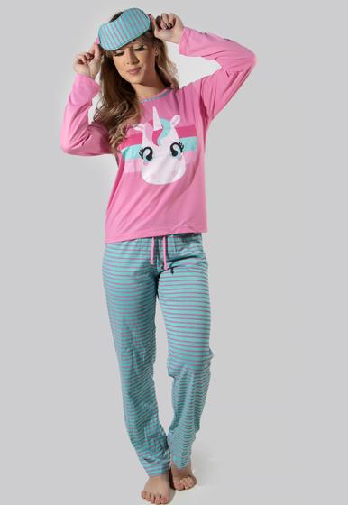 Imagem de Pijama Longo Unicórnio Adulto Com Tapa Olho Moda De Dormir RLC Modas