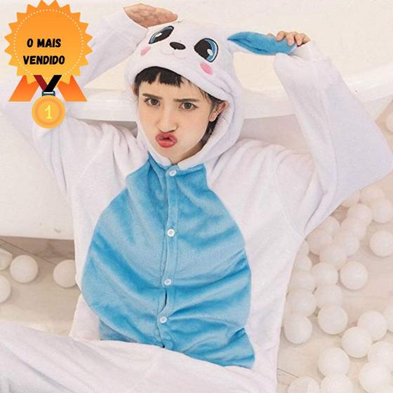 Imagem de Pijama Macacão Kigurumi Adulto Coelho Oficial Branco Com Azul - Fantasy